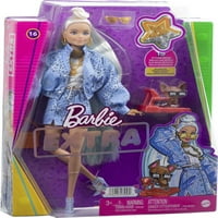 Барби допълнителна модна кукла с Платинена руса коса, синьо Пейсли-Принт яке, аксесоари и домашен любимец