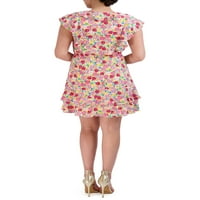 Париж жени пластове Шифон флорален принт Руфле В-деколте Мини лятна рокля с разкроени Къси ръкави, размери с-КСКСЛ