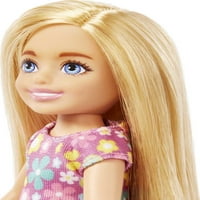 Кукла Барби Челси, малка кукла с дълга руса коса и сини очи, носеща подвижна рокля и обувки
